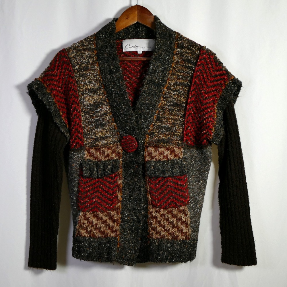 Curio Boho Indie Chunky Knit Patchwork Cardigan Size S Twofer Grunge Hippie